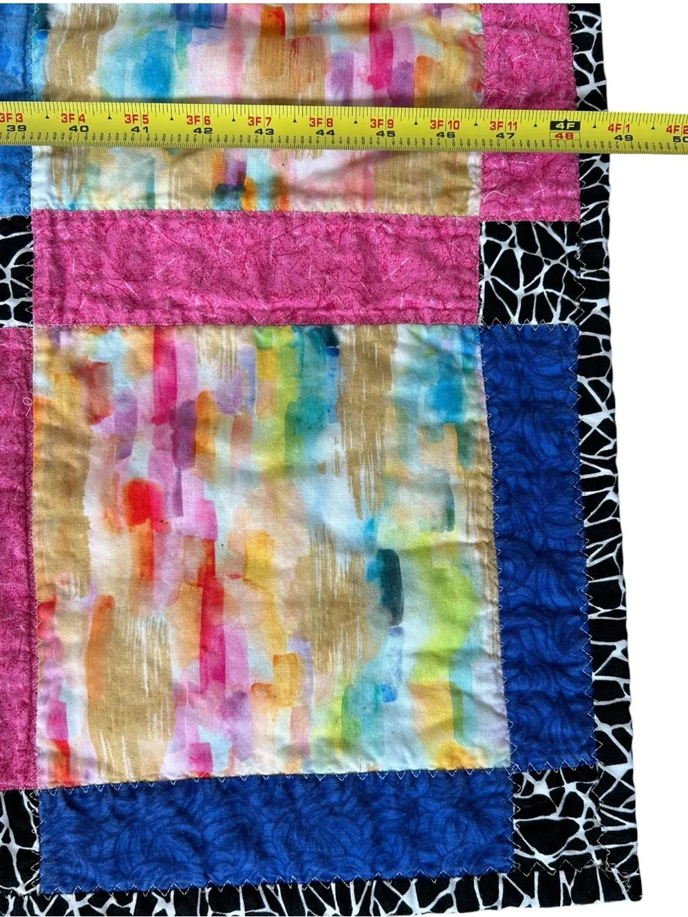 Handmade Colorful Patchwork Quilt with Watercolor Squares and Tie Dye Backside
